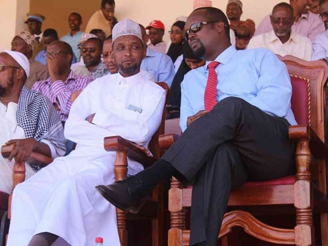 Mandera Governor Ali Roba (R) with guests during the Mashujaa Day celebrations on  ursday /COURTESY