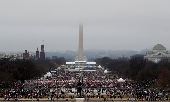 Protesters assemble on the National Mall in the US capital during the Women’s March on Washington. Photograph: Aaron P. Bernstein/Getty Images