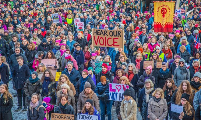 Protesters gather for the Women’s March in Oslo, Norway.
Photograph: Stian Lysberg Solum/AFP/Getty Images