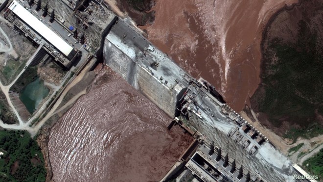 A handout satellite image shows a closeup view of the Grand Ethiopian Renaissance Dam (GERD) and the Blue Nile River in Ethiopia, June 26, 2020.