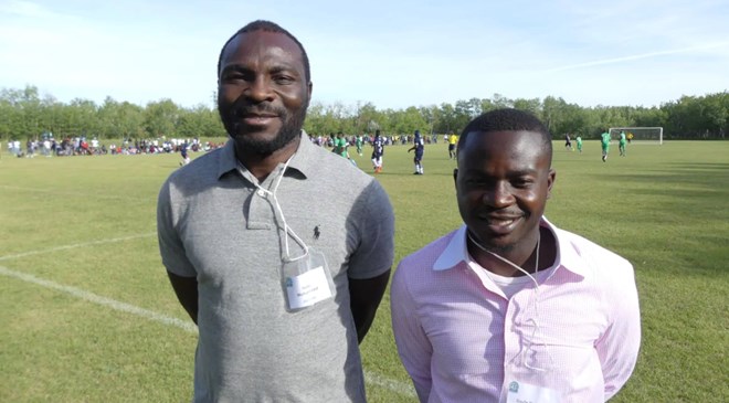 Seidu Mohammed and Gode Katembo organized the Manitoba African Cup of Nations soccer tournament to unite people from different African nations. (Travis Golby/CBC)