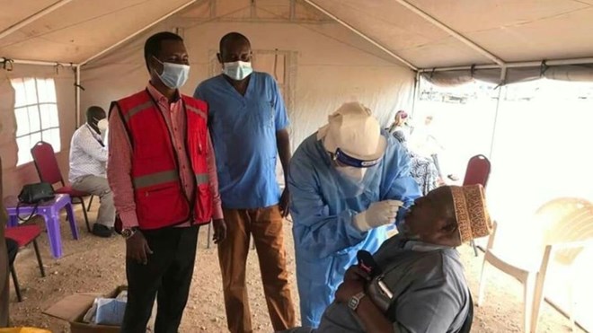 A resident gets tested for Covid-19 during a pilot mass testing at Garissa Primary School on August 20, 2020.