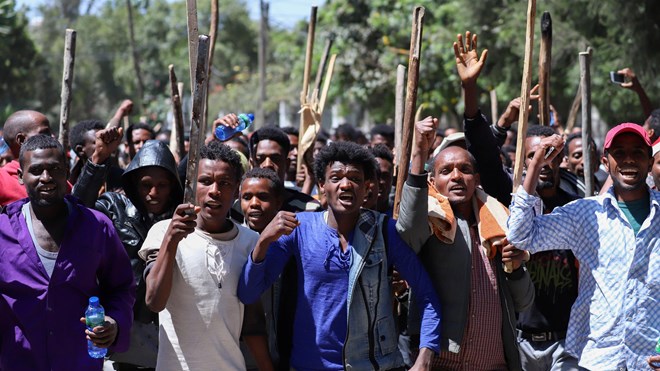 Oromo youth chant slogans in Addis Ababa, Ethiopia, Oct. 24, 2019.