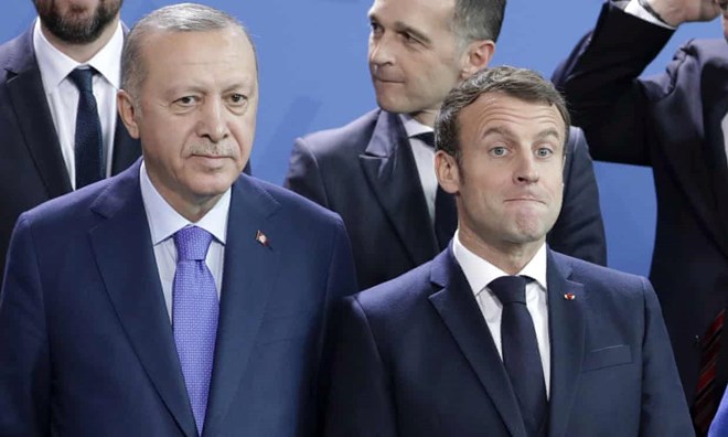 Turkey’s president, Recep Tayyip Erdoğan, left and French president Emmanuel Macron in January this year. Photograph: Michael Sohn/AP