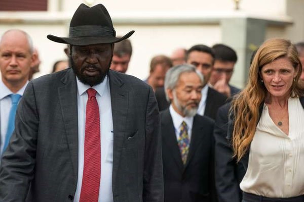 South Sudan's President Salva Kiir (left) walks with a high delegation from the United Nations (UN) Security Council on September 4, 2016 to the State House for a closed-door meeting. South Sudan's government was on Wednesday forced to deny President Kiir had died PHOTO | AFP