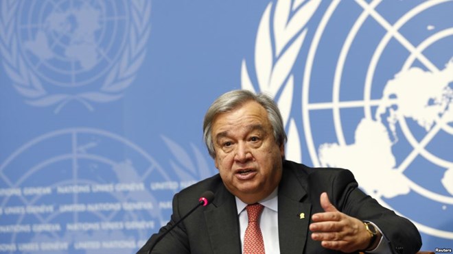FILE - Antonio Guterres, then-United Nations High Commissioner for Refugees (UNHCR) addresses a news conference at the United Nations in Geneva, Switzerland.