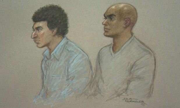 Court artist’s sketch of Anas Abdalla (L) and Mahamuud Diini, who were both found in the back of a lorry trying to leave the UK covertly. Photograph: Julia Quenzler