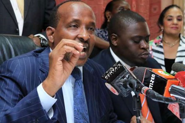 National Assembly Majority Leader Aden Duale, flanked by other Jubilee Party leaders, addresses reporters at Parliament Buildings on November 23, 2016. Jubilee demands IEBC tables report on external funding. PHOTO | JEFF ANGOTE | NATION MEDIA GROUP