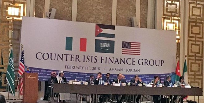 Partners meet to discuss ways to dismantle Daesh’s sources of funding and financing, in Amman on Sunday (Photo courtesy of Global Coalition Twitter page)