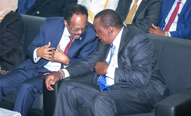 President Farmajo (L) with Kenya's President Uhuru Kenyatta (R) ahead of his swearing in Wednesday in the Somali capital, Mogadishu - Image: PSCU