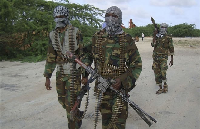 Al-Shabab fighters conduct a military exercise in northern Mogadishu, Somalia, on Aug. 23, 2010. Farah Abdi Warsameh / AP file